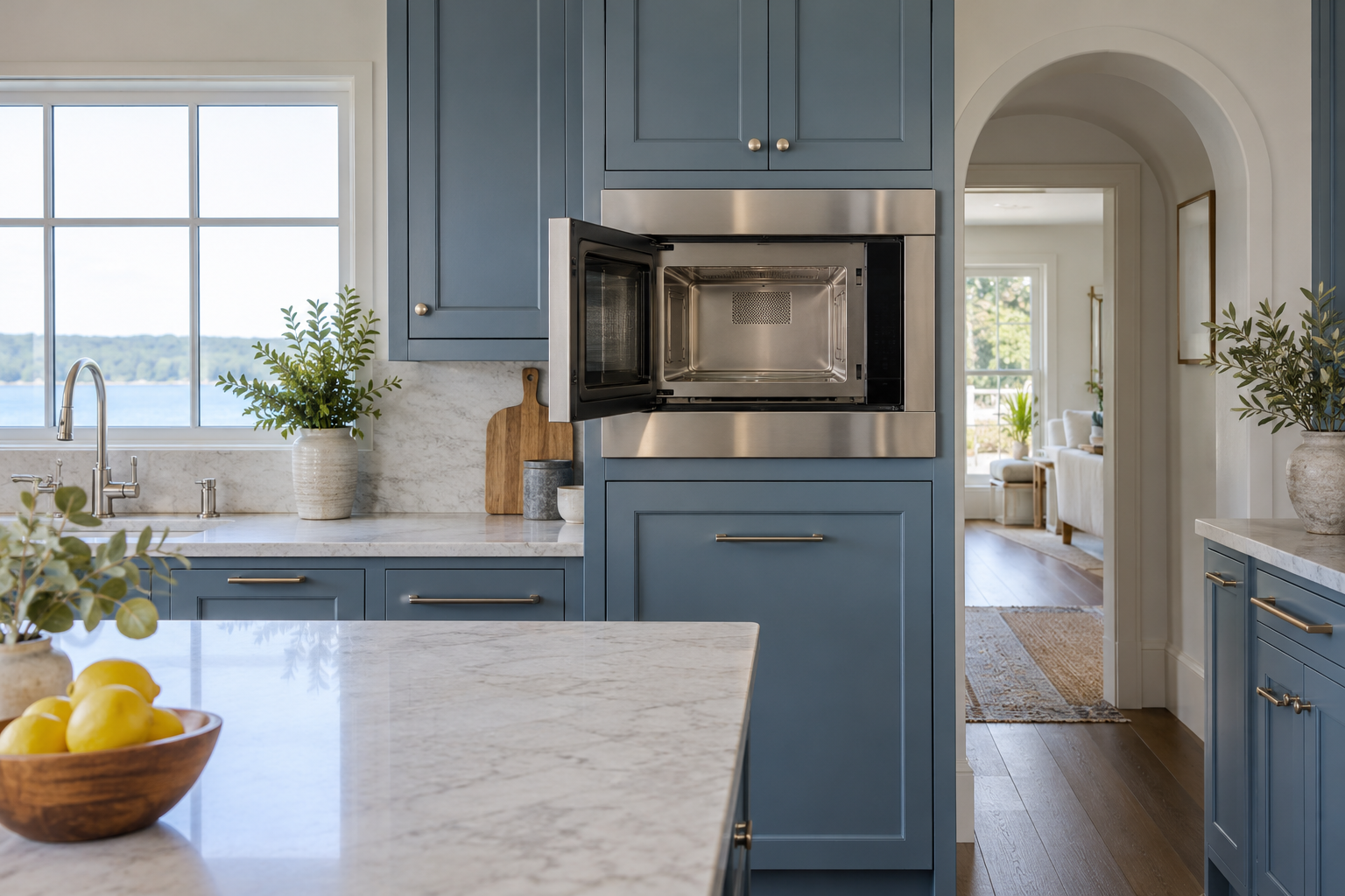 Illustrative Wolf microwave in a residential kitchen — AI image for Wolf Repair Old Greenwich
