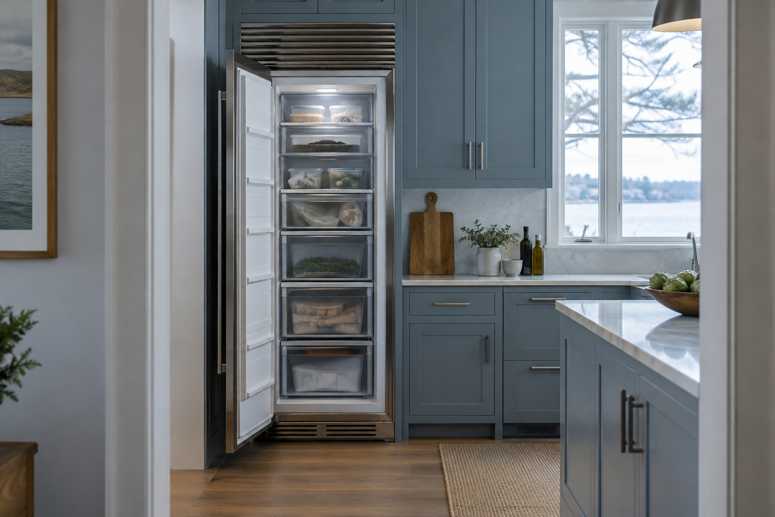 Illustrative Viking freezer in a residential kitchen — AI image for Wolf Repair Old Greenwich